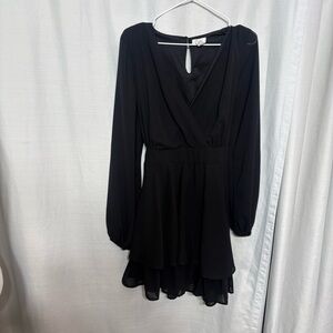 Japna Black Long Sleeve V-Neck Mini Dress Lined Layered Skirt Boho Chic Large